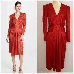 Saylor Farrow Satin Jacquard Midi Dress Size M Red Orange Puff Sleeve Side Slit